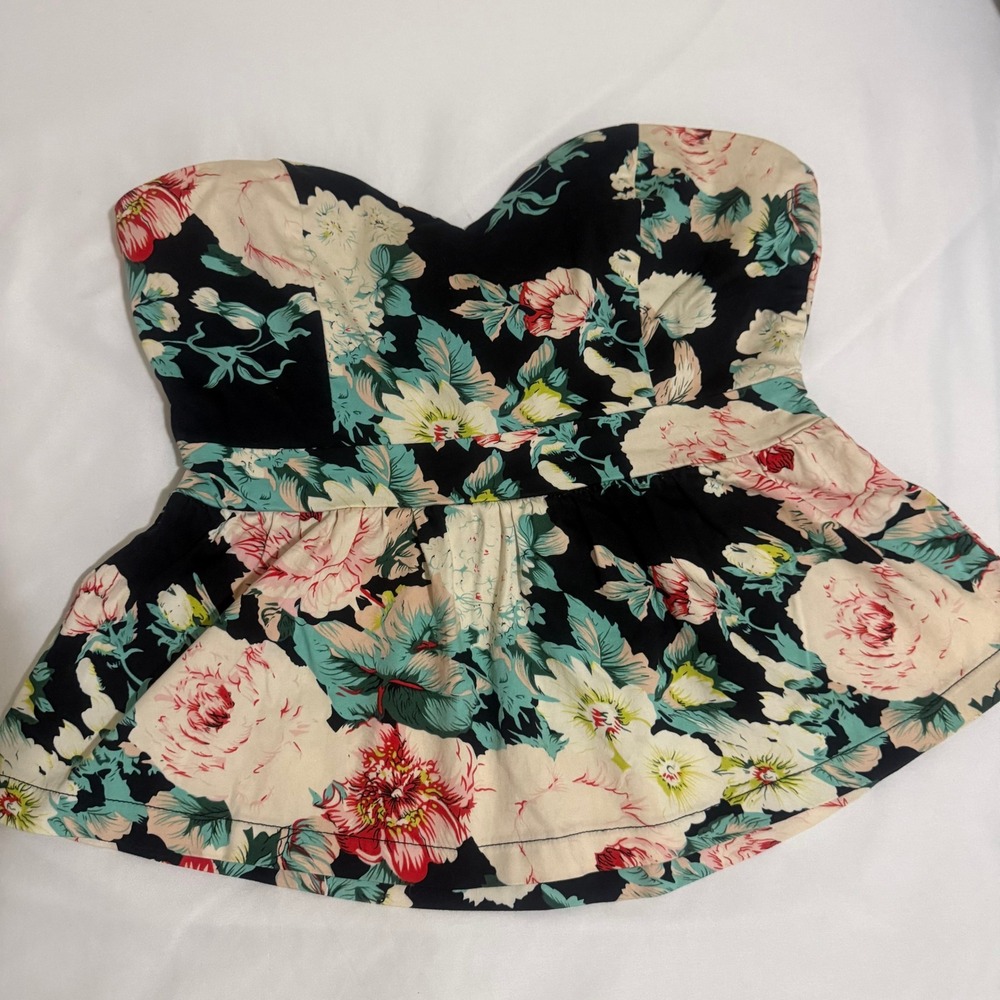 HAVE Floral Strapless Peplum Top Sweetheart Cutout Back Black Multi Size L